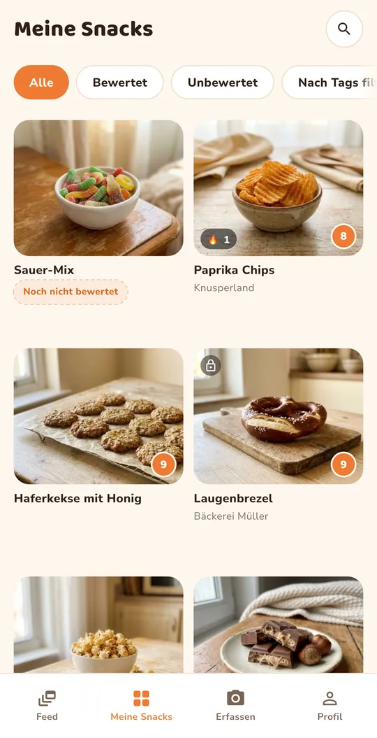 Der Bildschirm „Meine Snacks“: ein Raster deiner Snacks, jeder mit Bewertung