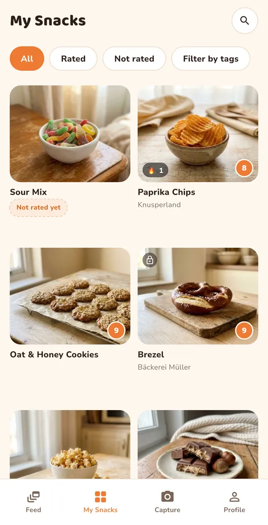 The My Snacks screen: a grid of snacks you have logged, each with its score