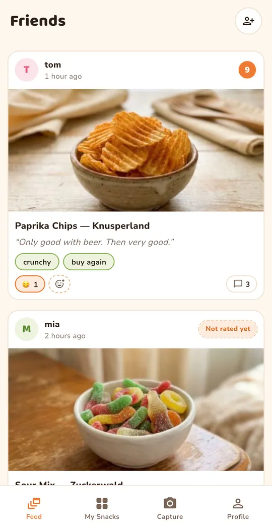 The Feed screen: what your friends rated and are trying